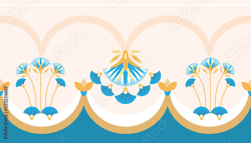 Seamless pattern vector illustration of the Egyptian ancient ornament with a lotus flower, leaves, papyrus, palm tree. Egyptian culture element For wallpaper, wrapping, paper, fabric, background