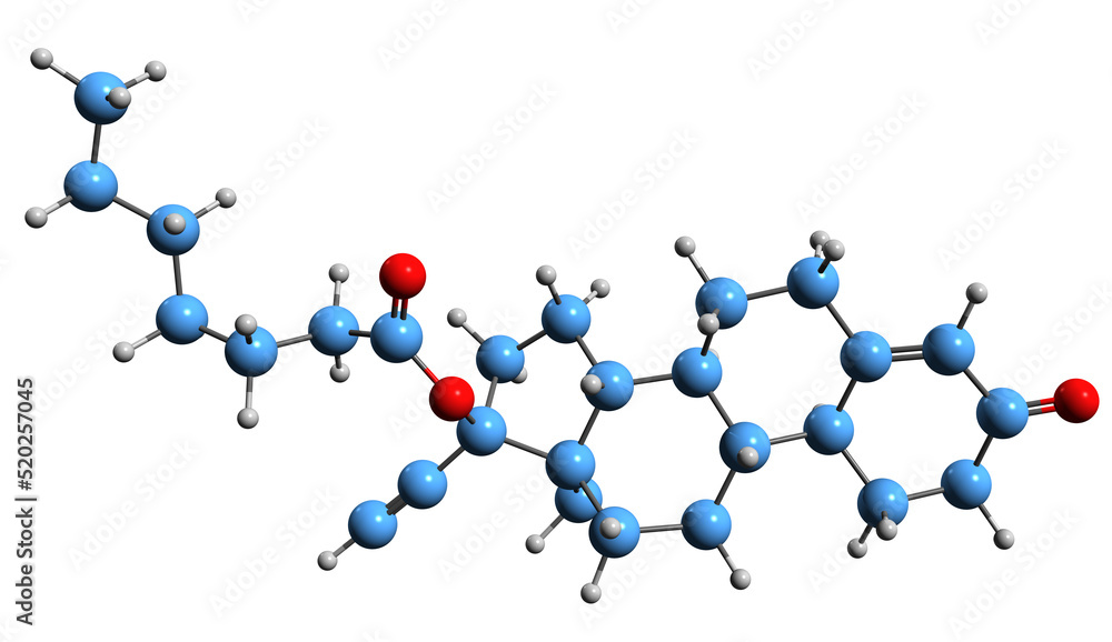 3D image of Norethisterone enanthate skeletal formula - molecular chemical structure of Progestogen-only injectable contraceptive isolated on white background
3D image of Norethisterone enanthate skeletal formula - molecular chemical structure of Progestogen-only injectable contraceptive isolated on white background