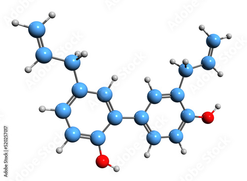  3D image of Honokiol skeletal formula - molecular chemical structure of  Magnolia lignan isolated on white background
 photo