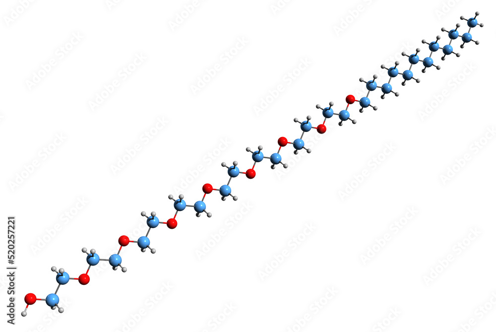  3D image of Octaethylene glycol monododecyl ether skeletal formula - molecular chemical structure of nonionic surfactant isolated on white background

