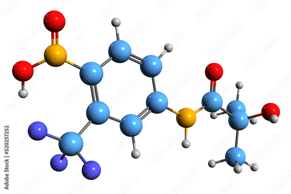 3D image of Hydroxyflutamide skeletal formula - molecular chemical structure of nonsteroidal antiandrogen isolated on white background 3D image of Hydroxyflutamide skeletal formula - molecular chemical structure of nonsteroidal antiandrogen isolated on white background
