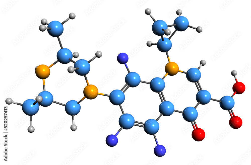 3D image of Orbifloxacin skeletal formula - molecular chemical structure of fluoroquinolone antibiotic isolated on white background
3D image of Orbifloxacin skeletal formula - molecular chemical structure of fluoroquinolone antibiotic isolated on white background