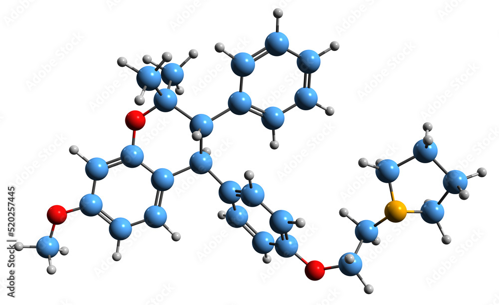  3D image of Ormeloxifene skeletal formula - molecular chemical structure of centchroman isolated on white background
