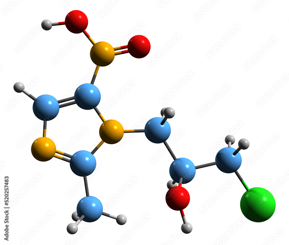 3D image of Ornidazole skeletal formula - molecular chemical structure of anti-protozoan antibiotic isolated on white background
3D image of Ornidazole skeletal formula - molecular chemical structure of anti-protozoan antibiotic isolated on white background