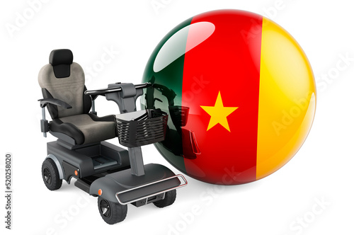 Cameroonian flag with indoor powerchair or electric wheelchair, 3D rendering