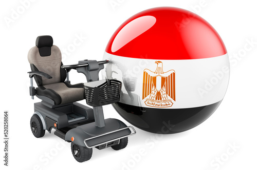 Egyptian flag with indoor powerchair or electric wheelchair, 3D rendering