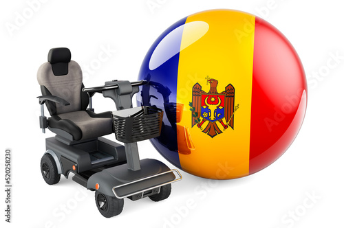 Moldovan flag with indoor powerchair or electric wheelchair, 3D rendering