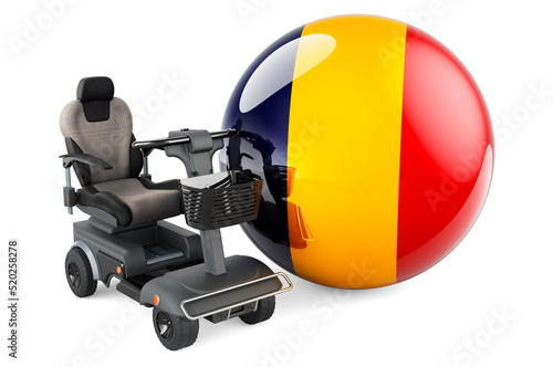 Romanian flag with indoor powerchair or electric wheelchair, 3D rendering