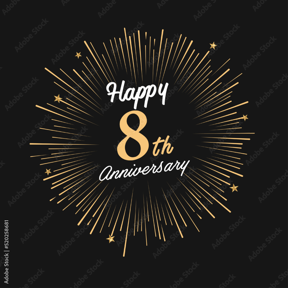 Fototapeta premium Happy 8th Anniversary with fireworks and star on dark background.
