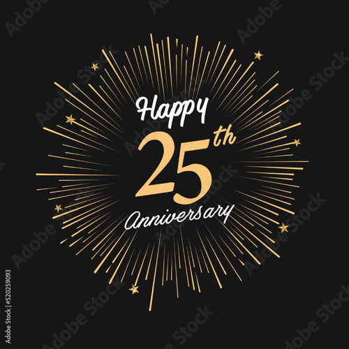 Happy 25th Anniversary with fireworks and star on dark background.
