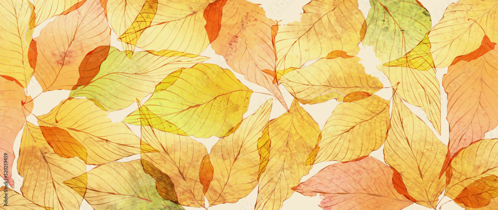 Abstract art background with dry autumn leaves in a watercolor style in yellow, red colors. Hand drawn botanical background with fallen leaves for decoration, wallpaper, print, invitations.