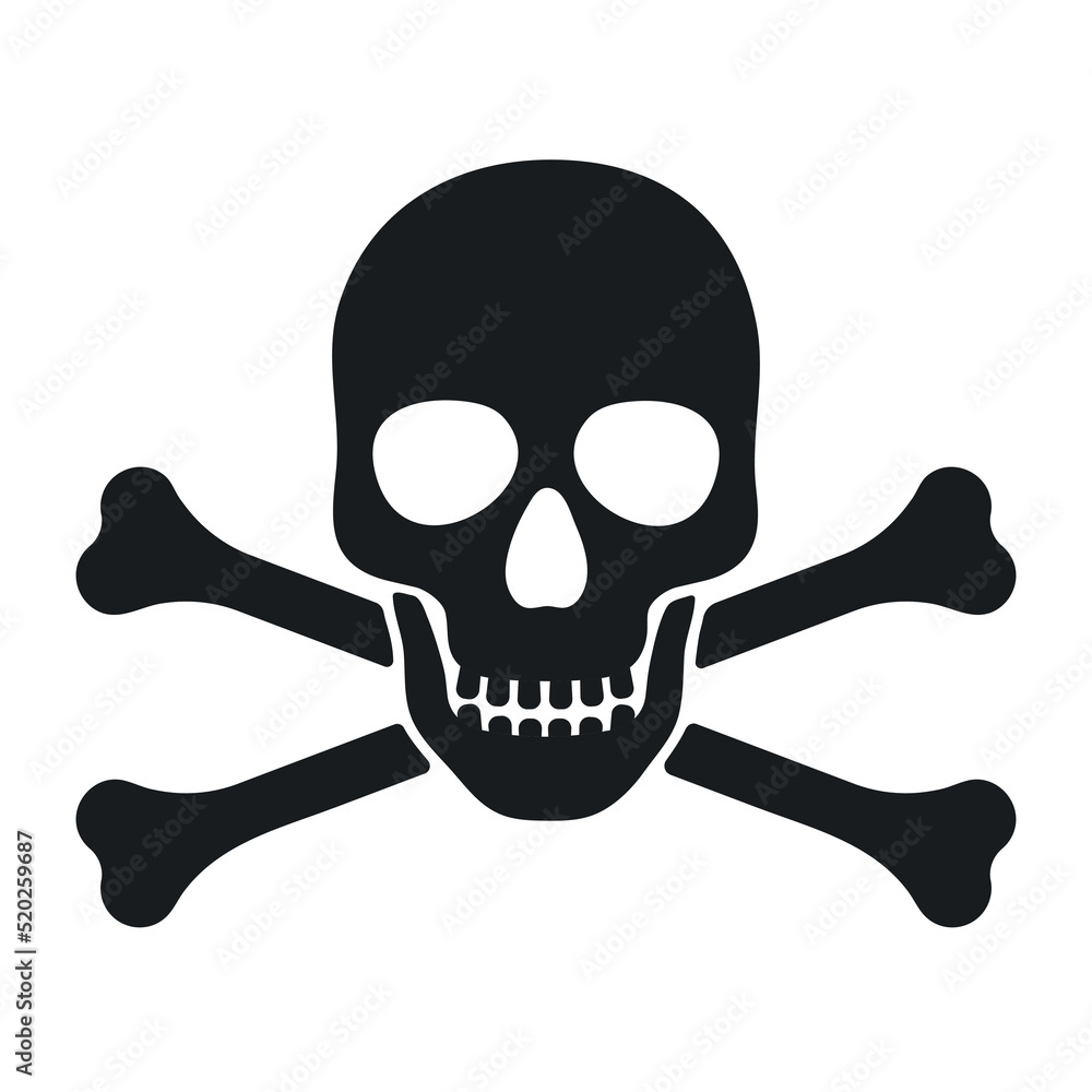Human skull and crossbones. Death, danger or poison symbol. Flat style concept vector illustration icon for signs, apps, and websites isolated on white background. Human skull and crossbones. Death, danger or poison symbol. Flat style concept vector illustration icon for signs, apps, and websites isolated on white background.