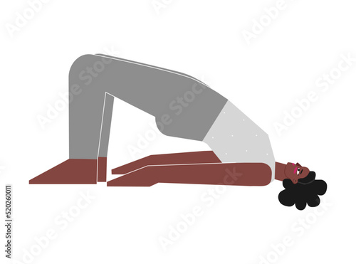 Vector concept with flat female african american character. Sportive body positive woman learns posture with backbends - Setu Bandha Sarvangasana at yoga class. Fitness exercise - Bridge Pose