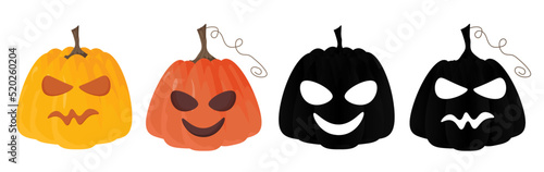 Set of scary carved Halloween pumpkins with a creepy face, Jack-o-lantern, Halloween holiday symbol symbols. Collection of vector illustrations for holiday decor, postcards, invitations, banner photo