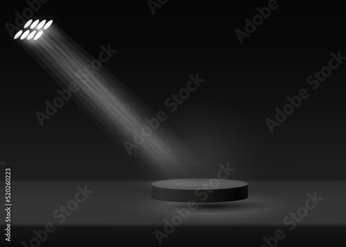 Podium platform realistic vector 3d render on white background wit spotlight. Product presentation minimal scene.
