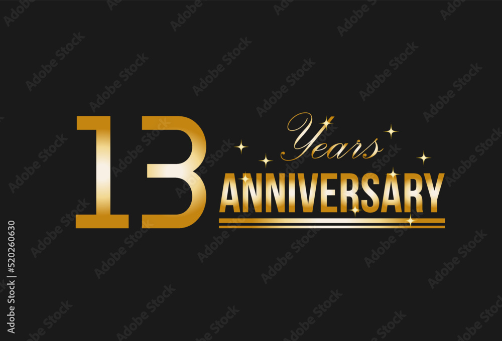 13 years anniversary gold glitter. Decorative element for postcards, banners, posters, greetings and birthday.