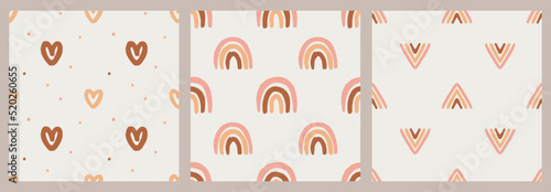 Gender-Neutral Nursery Cute Patterns Sky, Rainbow, Mudcloth Boho Warm Earthy Colors Vector Illustration Set
