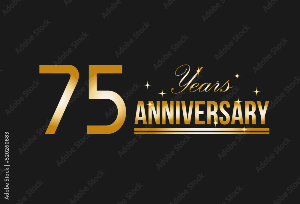 75 years anniversary gold glitter. Decorative element for postcards, banners, posters, greetings and birthday.