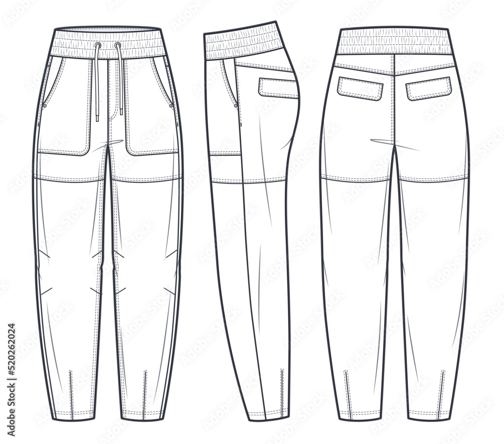 Jogger Pants fashion flat technical drawing template. Slouchy Pants, elastic  waistband, oversize, pockets, women, men, unisex, front, side, back view,  white, CAD mockup. Stock Vector