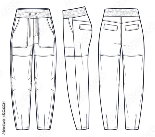 Jogger Pants fashion flat technical drawing template. Slouchy Pants, elastic waistband, oversize, pockets, women, men, unisex, front, side, back view, white, CAD mockup.