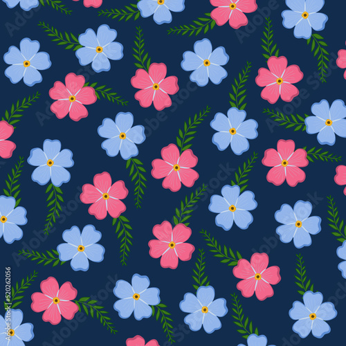 Vector illustration of pink and blue flowers with leaves on dark blue background.