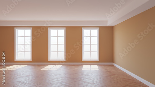 Sunlit Interior Concept of the Empty Beige Room with a White Ceiling and Cornice  Glossy Herringbone Parquet Floor  Three Large Windows and a White Plinth. 3D render  8K Ultra HD  7680x4320  300 dpi