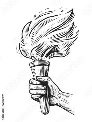 Torch with flaming fire in hand sketch. Shining torch on raised hand isolated. Vector illustration in engraving style