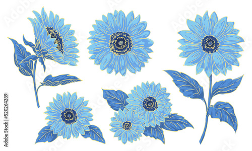 向日葵のイラスト素材セット, 線画と塗り, 青色の花, 花の挿絵要素, ベクターデータ.