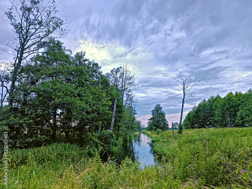 Obraz na płótnie Storm Rainy weather. Summer overcast sky. Small river in wood. Dramatic landscape, cloudy day. w salonie
