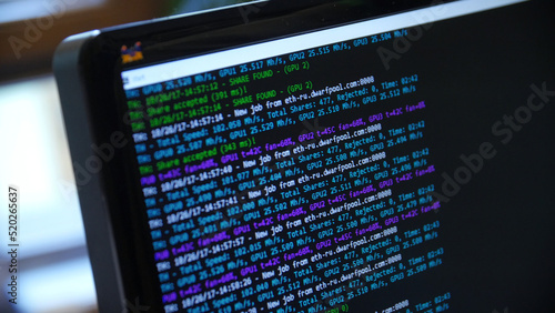 Screen with crypto code, green digitals. Bitcoin on computer screen with code bitcoin mining photo