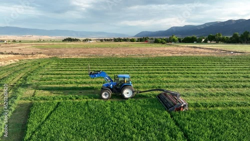 Aerial farmer cutting alfalfa hay tractor harvest turn. Rural farming community agricultural economy. Summer harvesting of alfalfa hay agriculture. Tractor equipment, green field. Mountain Valley.