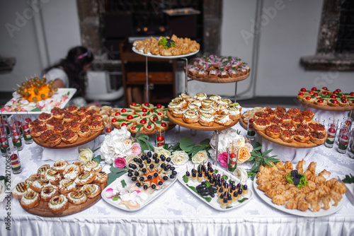 Rows of appetizers and starters on the wedding table