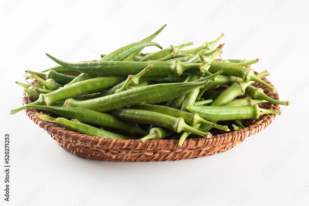 Fresh green okra in basket. Caruru ingredient. Fresh green okra in basket. Caruru ingredient.