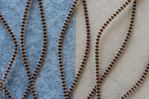 striped brown pipe cleaners on felt and paper