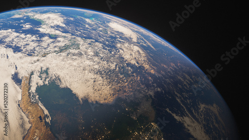 View of South America and the Amazon from space, orbital view of earth, planetary shot showing clouds and oceans, cities at night, light pollution