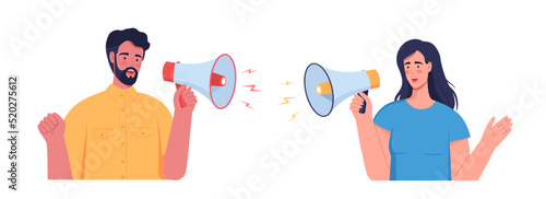 A man and a woman communicate by speaking loudly into megaphones. Colorful cartoon vector illustration 