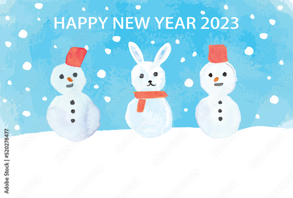 水彩の兎の雪だるまの年賀状2023テンプレート 水彩の兎の雪だるまの年賀状2023テンプレート