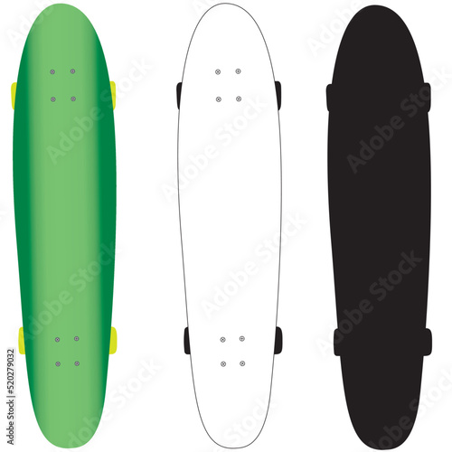 skateboard in color, outline, and silhouette isolated on white
