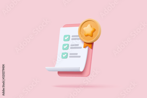 3d certificate or diploma icon with stamp and ribbon bow isolated background. White clipboard task management todo check list, work on project plan concept. 3d vector render on pink background