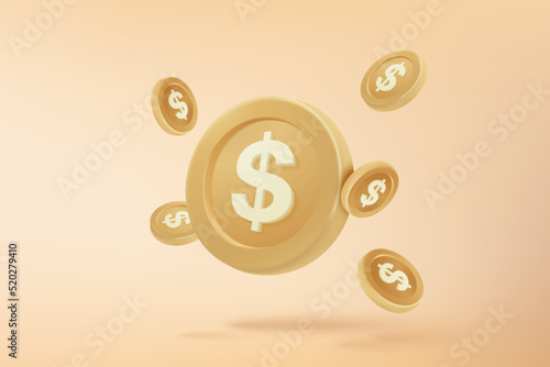 3D money coin saving on pastel yellow background. bundles cash and floating coins exchange with finance business concept, earning investment. 3d money icon vector rendering illustration