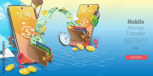 3D Vector Conceptual Illustration of Mobile Money Transfer, Global Financial Transactions