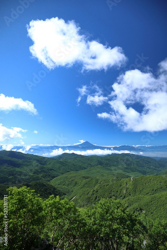 The panoramic view of Mt. Fuji with the beautiful blue sky