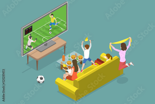 3D Isometric Flat Vector Conceptual Illustration of Soccer Watching, Family Watch Football Game on TV