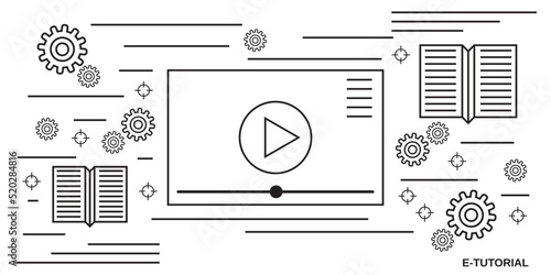 Video tutorial, e-learning, online education, user guide thin line art style vector concept illustration