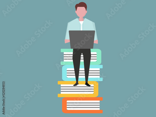 本とパソコンを使い勉強する男性 ベクターイラスト