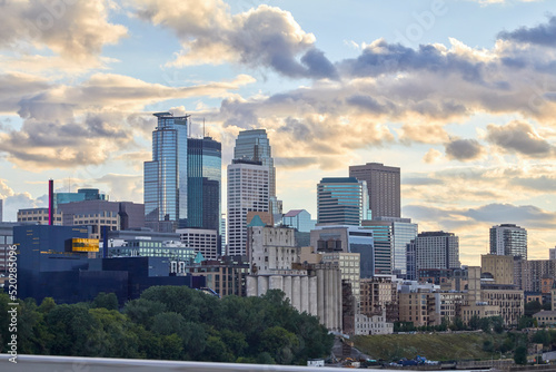 Downtown Minneapolis skyline at sunset on a lovely summer day