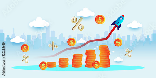 Inflation and prices rising after money value growth concept With icons. Cartoon Vector Illustration.