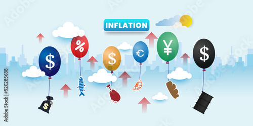 Inflation and prices rising after money value growth concept With icons. Cartoon Vector Illustration.