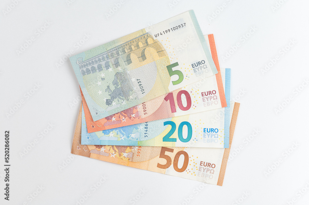 5, 10, 20, 50 euro banknotes. Money on white background 5, 10, 20, 50 euro banknotes. Money on white background