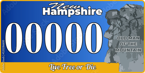 Vehicle license plates marking in New Hampshire in United States of America, Car plates.Vehicle license numbers of different American states.Vintage print for tee shirt graphics,sticker and poster